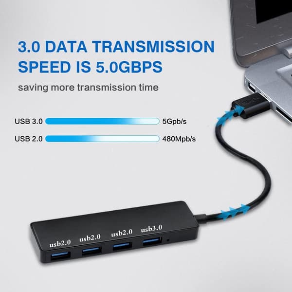 USB-hub, 4 USB-porte Bærbar Multi USB-hub med 3 USB 2.0, 1 USB 3.0 til bærbar computer, sort