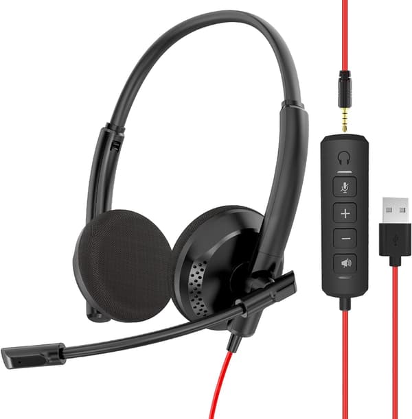 USB-headset med støjreducerende mikrofon, computerheadset med indbygget in-line lydstyrkekontrol