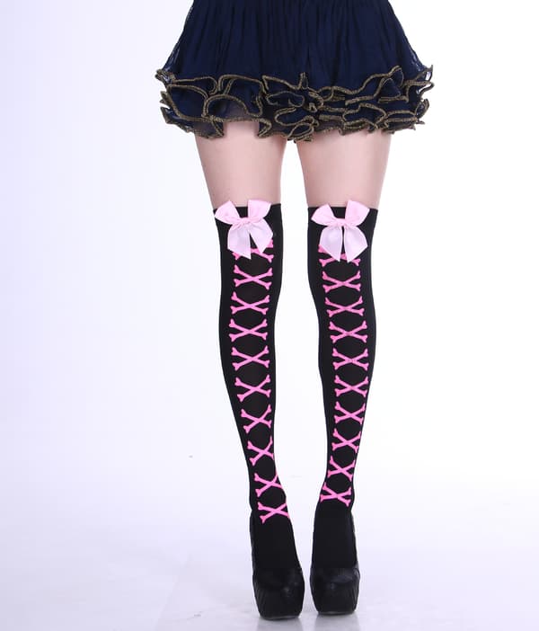 Kvinders Halloween Skull Gothic Sorte Strømper Skeletben Lårhøje Over Knæ Strømper Cosplay Strømper
