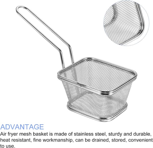 Fritekurv i rustfritt stål (10 x 9 cm), rektangulær chipsnettkurv, non-stick stekeplate til airfryer