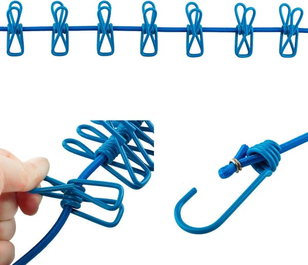 Lyseblå lang kompakt fleksibel 12 klyper og 2 kroker reisevaskesnor – 1,8M Light Blue