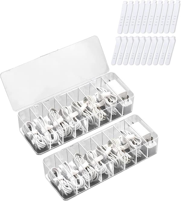2-pack kabelorganiseringsbox med 8 fack och 20 kabelbindare