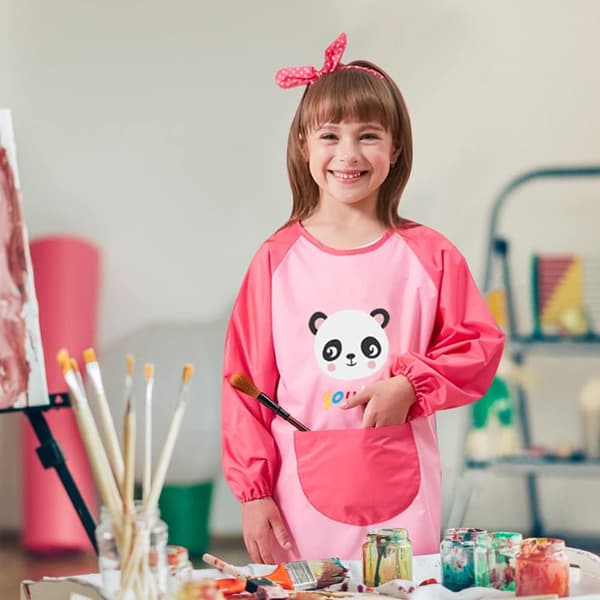 Børneforklæde til maling, 3-6 år, vandtæt kjole (Panda pink) pink