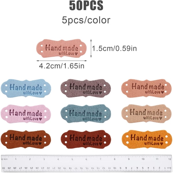 50 delar Handgjorda läderetiketter, mikrofiberläder -vävda etiketter med kärlekskärnor handgjorda (10 färger)