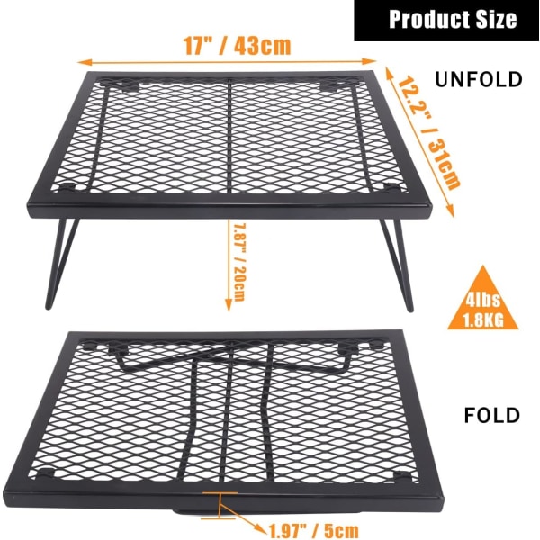 Fällbar lägereldgrill - Bärbar campinggrill över eld, kraftig stålgrill för kol (43 cm x 31 cm)