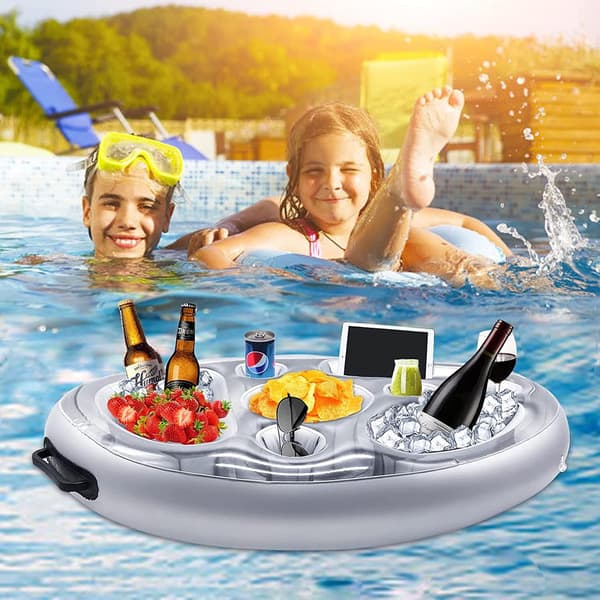 Oppustelig drikkeholder til pool, flydende, 2-i-1 oppustelig drikkeholder, snackholder (grå)
