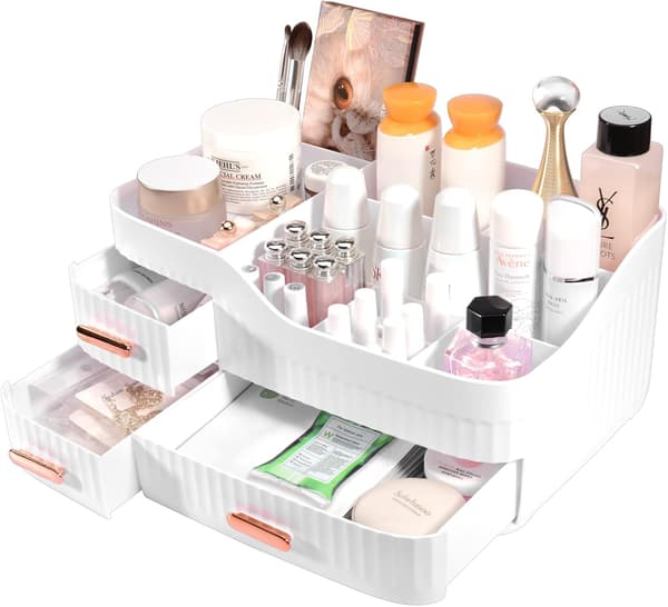 Makeup-arrangör med lådor, kosmetikarrangör, för byrå, sovrum, badrum (vit)