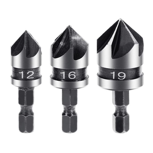 3PCS(12 16 19 MM) Metallförsänkare Fasningsborr Set Fräs, 5 Spår 90 Graders Fasningsbitar