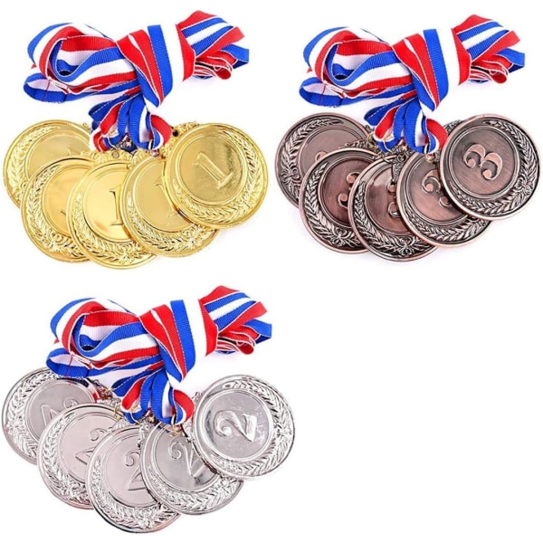 15 stycken guld silver brons- Olympisk stil metall vinnare medaljer med hals band Bulk