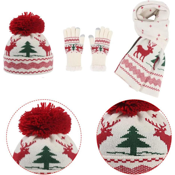 Jul stickad dam vinter varm mössa handskar ren halsduk set Beige
