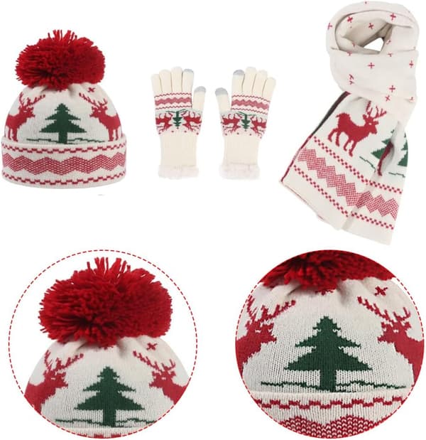 Jule strikket dame vinter varm lue hansker reinsdyr skjerf sett Beige
