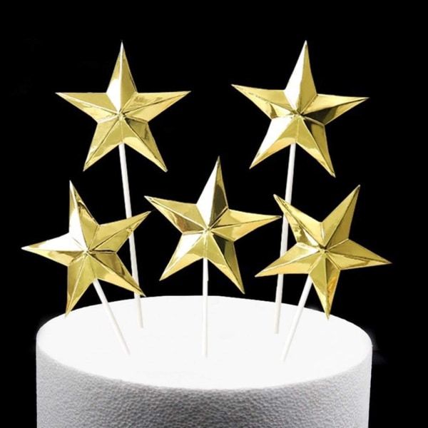 60st 3D Star Cupcake Toppers Silver Star Cake Toppers Dessert tårtdekor Festtillbehör, guld gold