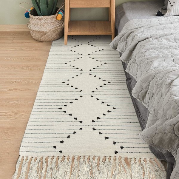 Vävd bomullsmatta, löparmatta med tofsar, tvättbar handvävd matta för sovrum, 24x51 tum
