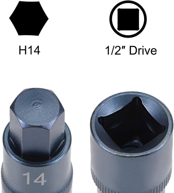 1/2\" Drive x H14 (14mm) Hex Bit Topnøgle, S2 Stål Bits, CR-V Topnøgler Metrisk 2\" Længde Blå 14mm