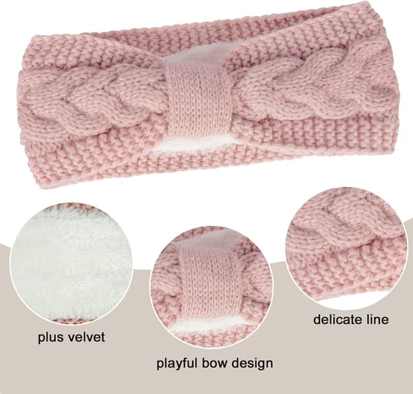 Dam vinter stickad rosett sammet varm pannband (svart + rosa) 2 stycken