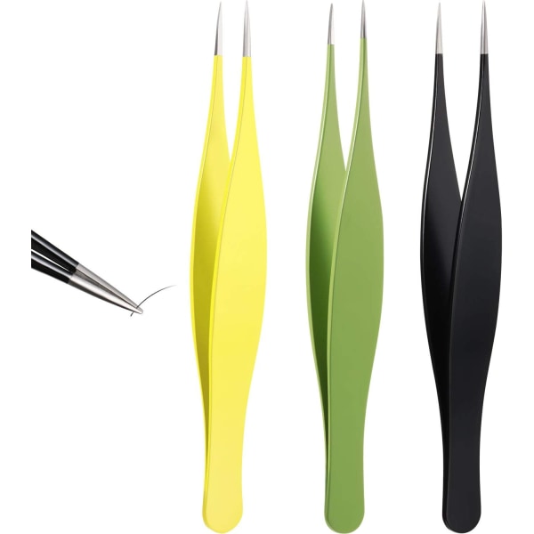 3 st pincett i rostfritt stål Precision pincett med nålnäsa (svart, gul, grön)