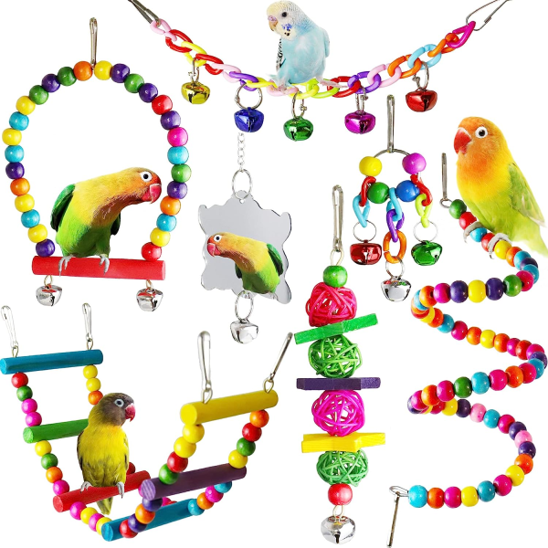 Tuggade fågelleksaker, leksaker upphängda i träklockor (multi 7 set)