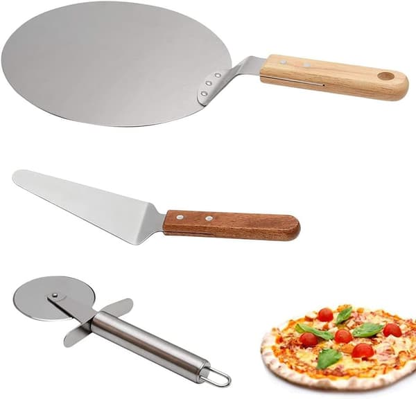 3 deler pizzaspade i rustfritt stål, pizzakutter i rustfritt stål, pizzahjul i rustfritt stål, pizzakuttersett