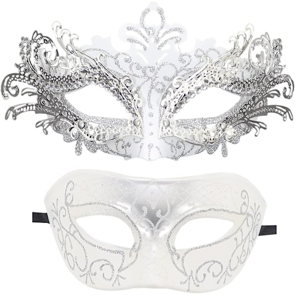 Par Maskerad Mask Metall Järn Fjäril Bal Mask (Silver Vit) 2 Stycken silver