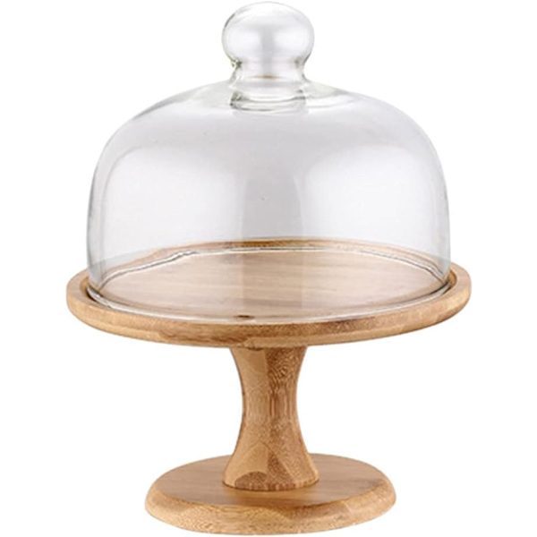 1 set tårtfat med kupol fotat bakverk trä serveringsställ glas matfat lock servering bakning