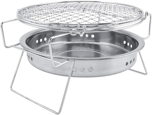 Minigrill, sammenleggbar rund grill i rustfritt stål