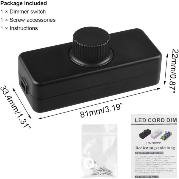 Inline LED Dimmer Switch, Knop Dimmer Switch Lights, 3-100W, Dimmer Switch för glödlampa (svart)