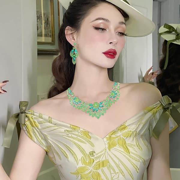 Bryllupsbrude krystallkjeder og øredobber sett Chunky Dangle Drop smykkesett Green