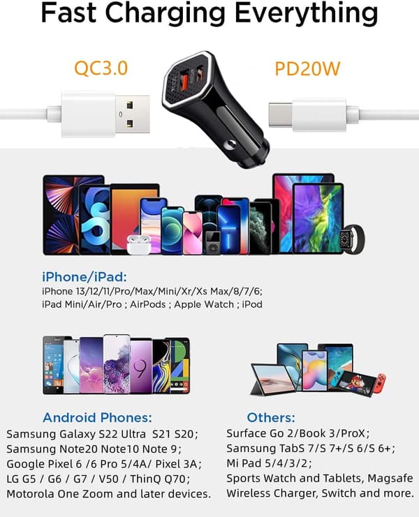 USB C billader sigarettenneradapterplugg billader PD20W 3.0 dobbel port hurtiglading