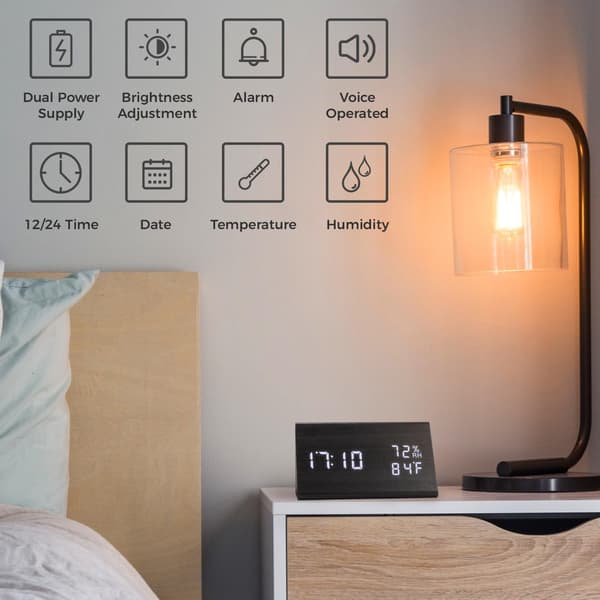 LED Elektronisk Træur Kubikur, Temperatur og Luftfugtighed, 12/24 Timer (Sort Trekant)