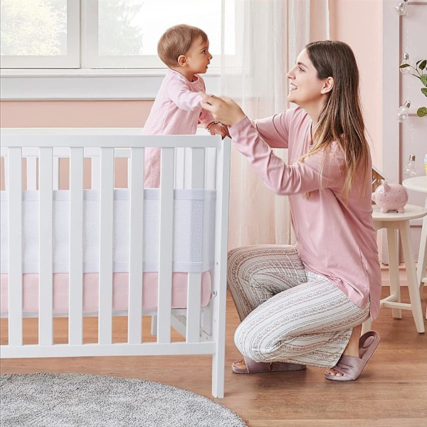 Andningsbar spjälsängsskydd, sängskydd, babysäng, fallskydd (vit)