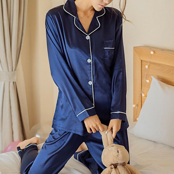 (XL) Set långärmad nattklädespyjamas för kvinnor i mjukt sidensatäng blue XL