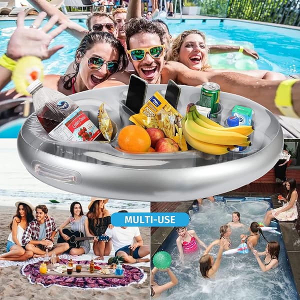 Oppustelig drikkeholder til pool, flydende, 2-i-1 oppustelig drikkeholder, snackholder (grå)