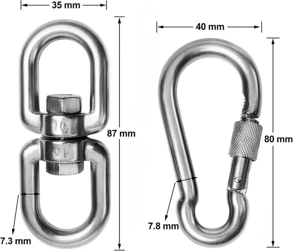 M8 2+1 304 Svingbar Ring Dobbel Endekrok med 2 Stykker Karabinkrok for Huske