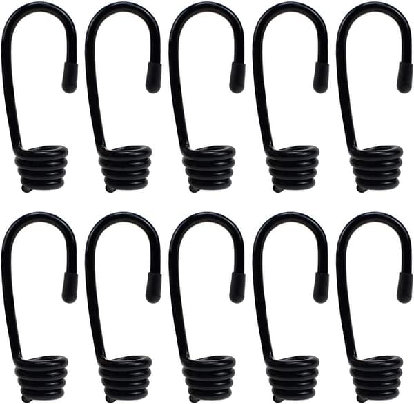 12 stk. plastbelagte bungee-stødsnor kroge spiral til elastisk reb stroppebånd - sort