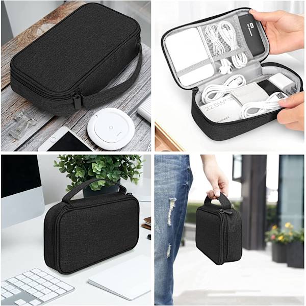 Kabelväska, stor elektronisk väska, arrangör för elektroniska tillbehör, reseväska för kabel, USB-powerbank (svart) black