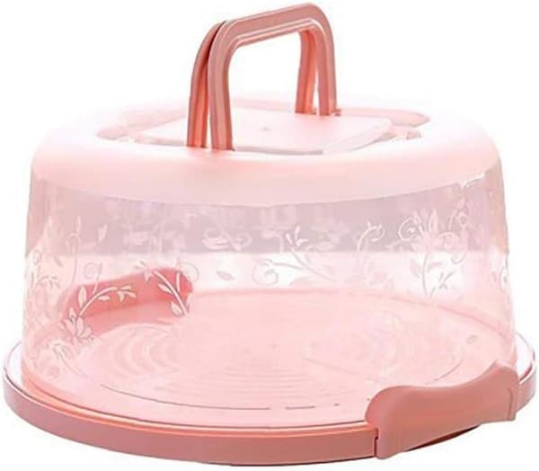 Mini rund kakebeholderbrett Bærbar plastmatlagrings- og transportboks med håndtak, rosa