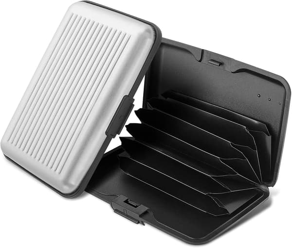 Sæt med 2 mini kreditkortholdere i aluminium med RFID-beskyttelse til visitkort (sort, sølv)
