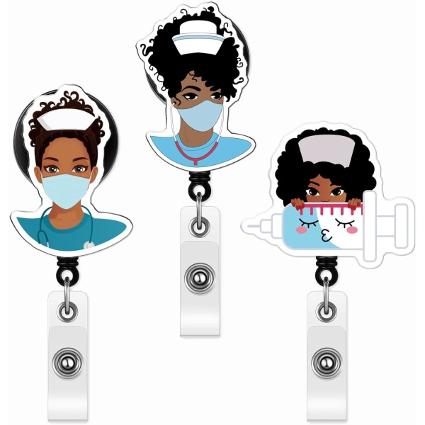 3 delar svart flicka sjuksköterska indragbar söt sjuksköterska märkesrulle med klämma sjuksköterska ID märkeshållare