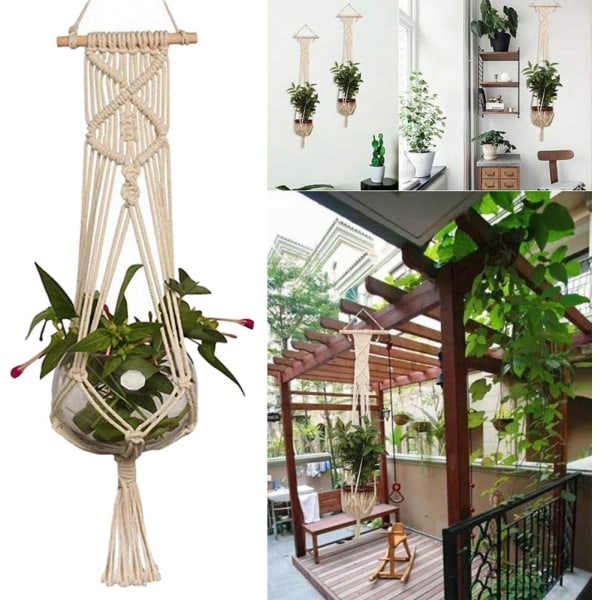 Makrame växthängare Handgjord set inomhus utomhusväggkorg bomullsrep Blomkrukhållare Väggdekor 2 stycken