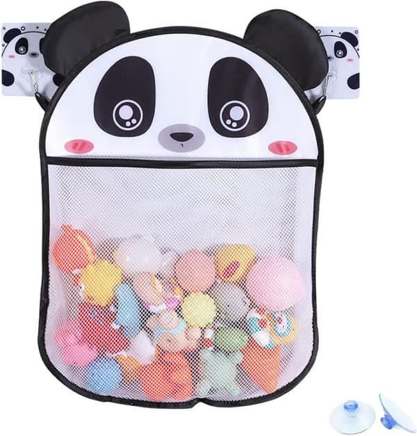 Panda badelegetøjsopbevaring, badenet til legetøj med 2 selvklæbende kroge, 2 sugekopper