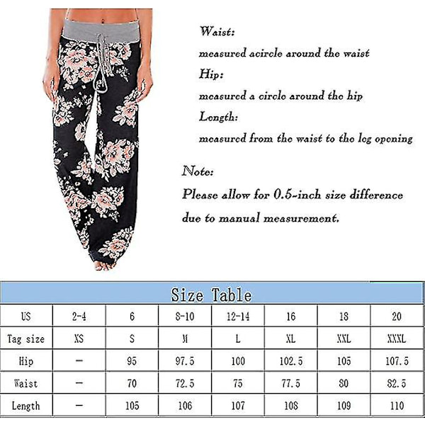 Kvinnors blommiga mönstrade vida ben långa byxor, pyjamasbyxor, casual byxor, strandbyxor (svart, M) Black m