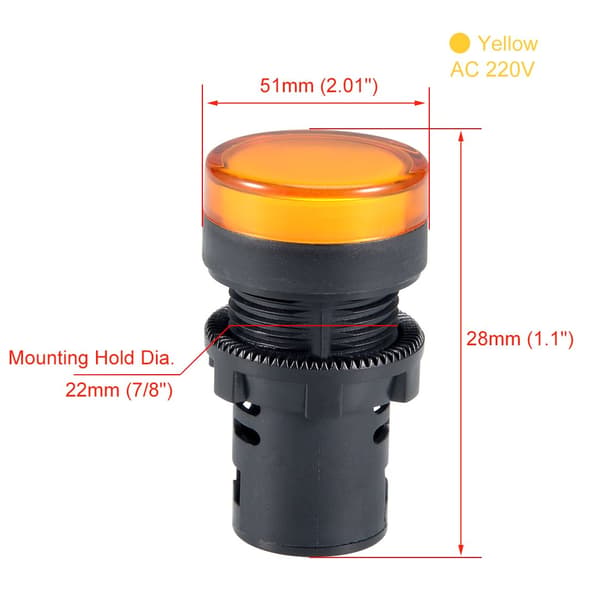 2 stk. AC/DC 110V indikatorlamper, gul LED, planforsænket panelmontering 7/8\" 22mm yellow