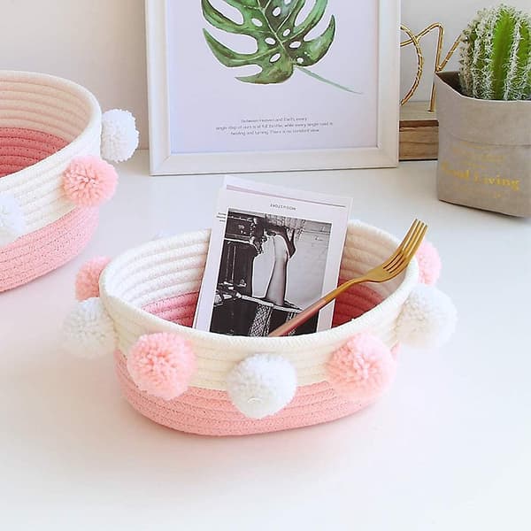 Förvaringskorg i bomullsrep med pompom, liten förvaringslåda, skrivbordsförvaring Pink 27*25*11cm