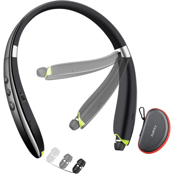 2023 uppgraderat Bluetooth headset med nackband med infällbara öronsnäckor, hopfällbart trådlöst headset för sportkontor med case Black
