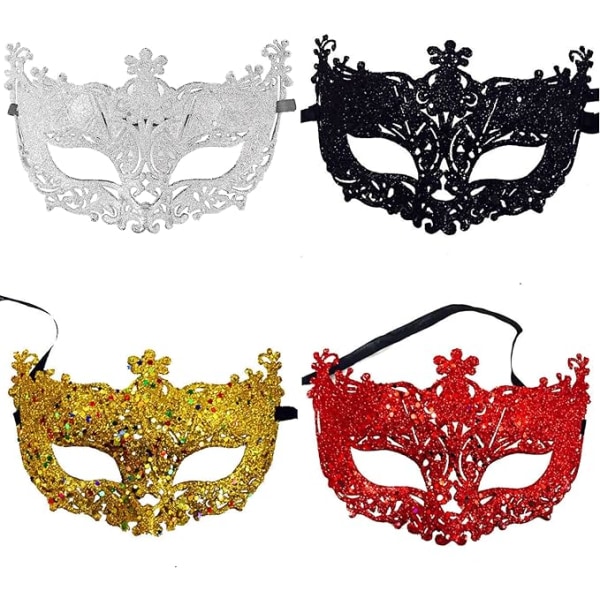 Paket med 4 venetianska masker, maskeradmasker, karnevalsmasker, glittrande festmasker