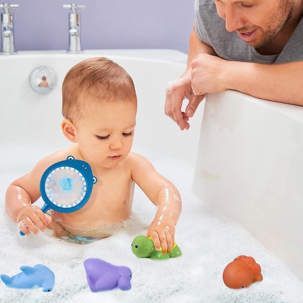 Baby Badleksaker, 7 Pack Badleksaker, Badleksaker för Barn, Badleksaker med Fiske Nät för Baby Bad blue