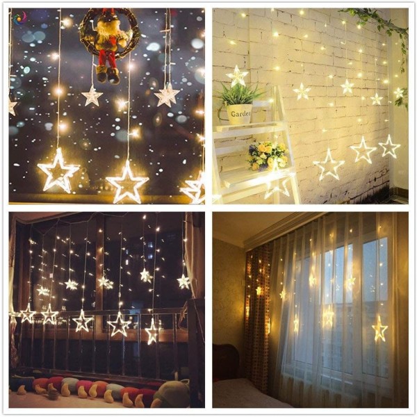 2,5 M LED julslingor, 12 stjärnor IP44 vattentät LED-gardinbelysning för inomhus, utomhus, trädgård, bröllopsfödelsedagsdekoration (varm vit) yellow