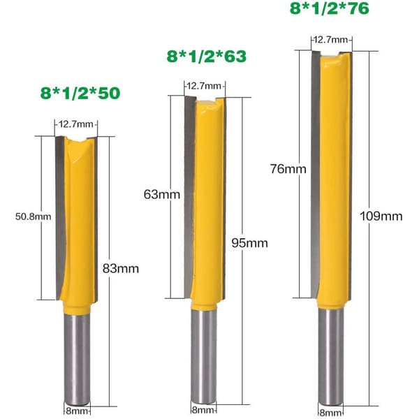 3 stk 8 mm skaft ekstra lange fresebits, dobbeltkantet rett kniv, forlenget trimkniv, trimmemaskin kutterhode