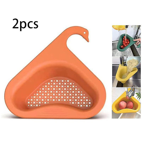 2-delad tjockad triangulär diskbänk, svanformad diskbänk sil korg, hylla kök avlopp för frukt, grönsaker, sopor (orange)