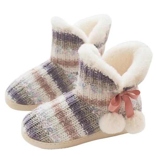 Kvinnor Stickad Bootie Toffel Varma Tofflor Plyschfodrad Anti-Slip Purple 23.5 cm
